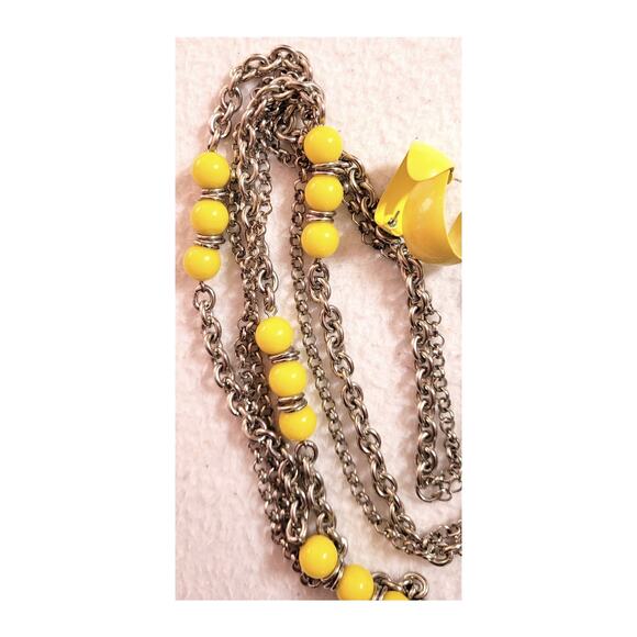 Yellow Beads Silvertone Multi Chain 38" Long Necklace Hoop Enamel Earrings - Picture 1 of 6